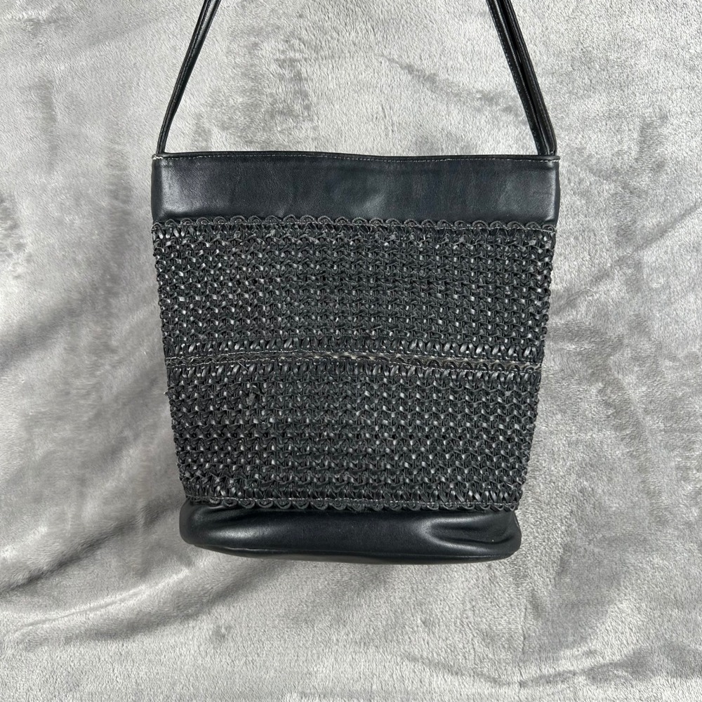 Vintage Black Woven Bucket Bag Faux Leather Trim Crossbodyโ Shoulder Bag